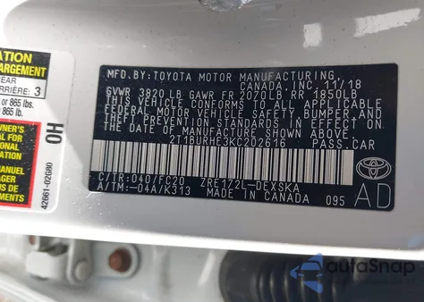 2019 Toyota Corolla Se from USA, damaged, VIN 2T1BURHE3KC202616